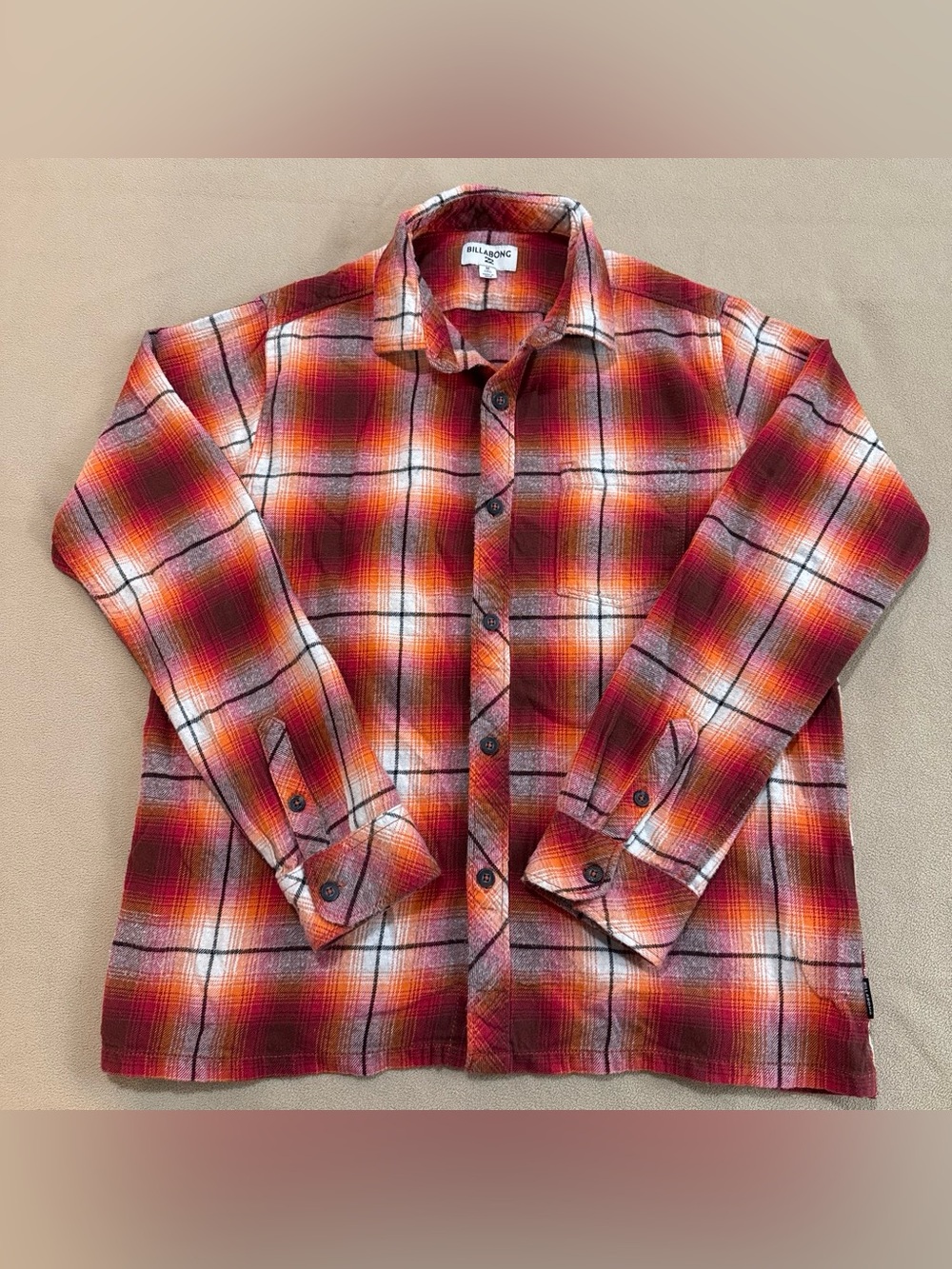 Billabong Coastline Flannel Red Orange Plaid Button-Down Shirt